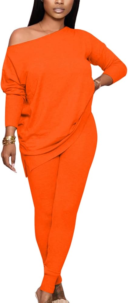 Women's 2 Piece Outfit Sets Casual Long Sleeve T-Shirts Biker Pants Set Orange