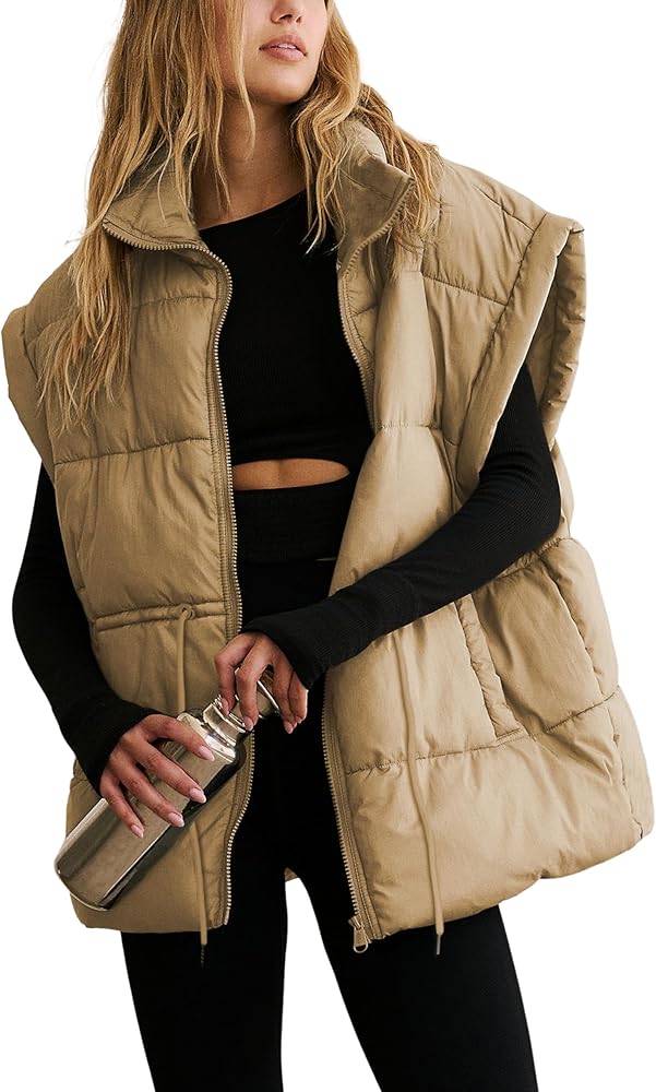 Womens Oversized Puffer Vest Stand Collar Sleeveless Padded Jacket Coat Drawstring Zip Up Warm Outwear