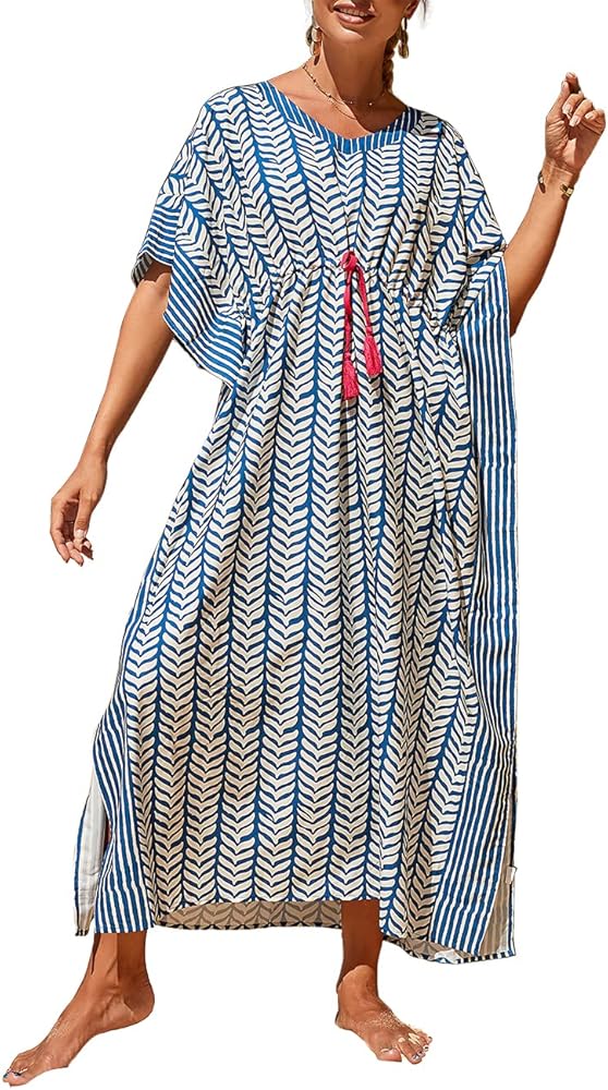 Bsubseach Plus Size Caftans for Women Long Kaftan Dresses Swimsuit Cover Up with Waist Drawstring Blue Stripe