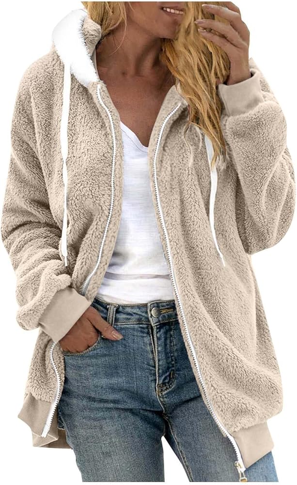 Women's Coats Trendy Casual Solid Color Loose Plush Zippered Hooded Jacket With Pockets Winter Coats, S-5XL