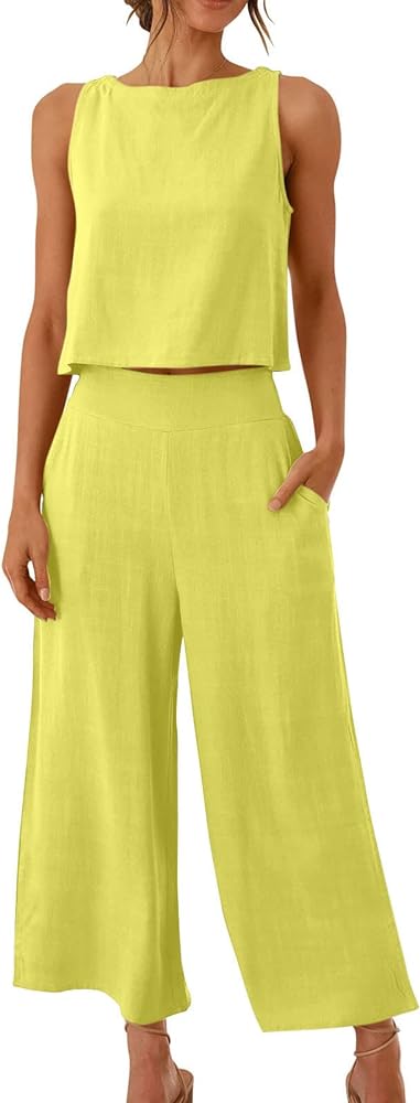 Two Piece Outfits for Women Summer Casual Vacation Cotton Linen Sets Soild Cropped Tank Top & Wide Leg Pants Set with Pockets