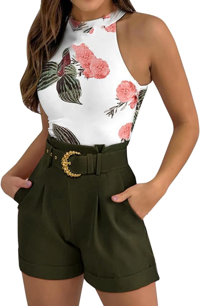 Rvidbe Spring Outfit for Women 2023, Two Piece Outfits for Women Summer Plus, Short Sets for Women Dressy Women's 2023 Summer Fashion Outfits 2 Piece Sleeveless Shirt and Shorts Pants