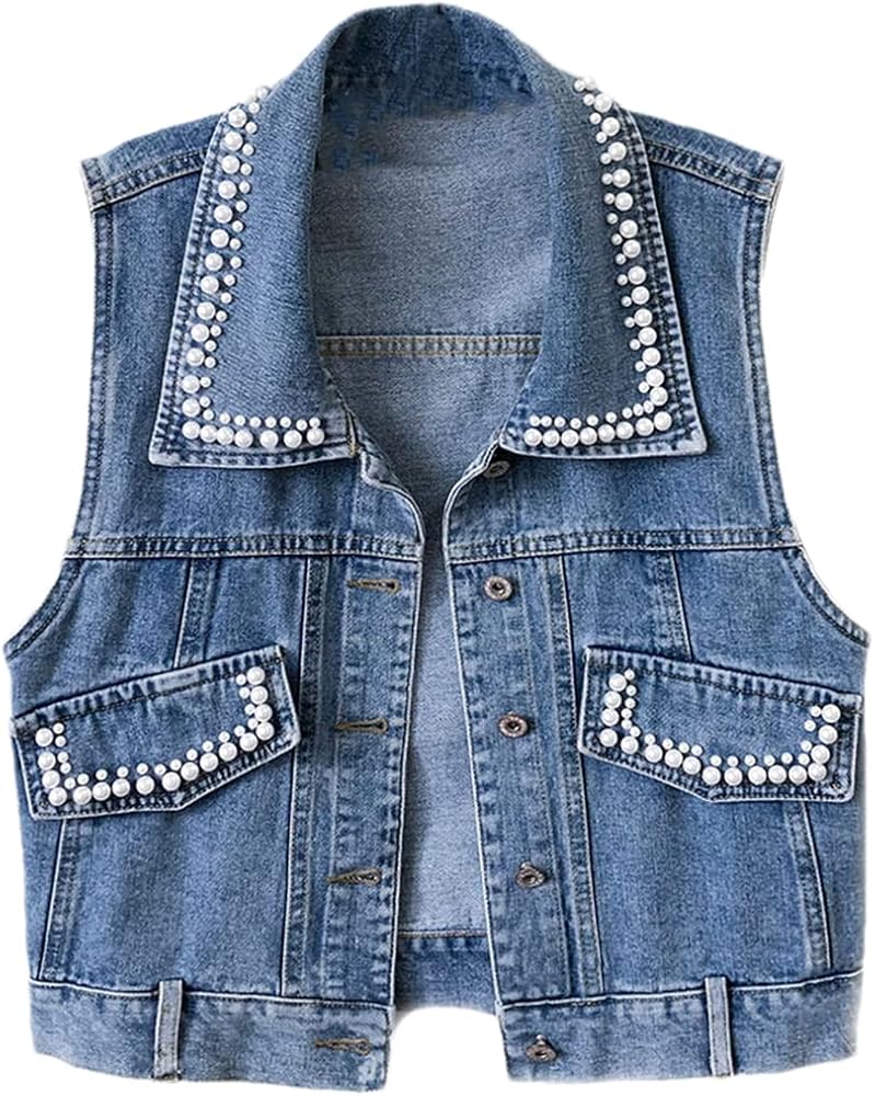 Women Vintage Pearl Turndown Collar Denim Vest Sleeveless Cowboy Jacket Coat Waistcoat