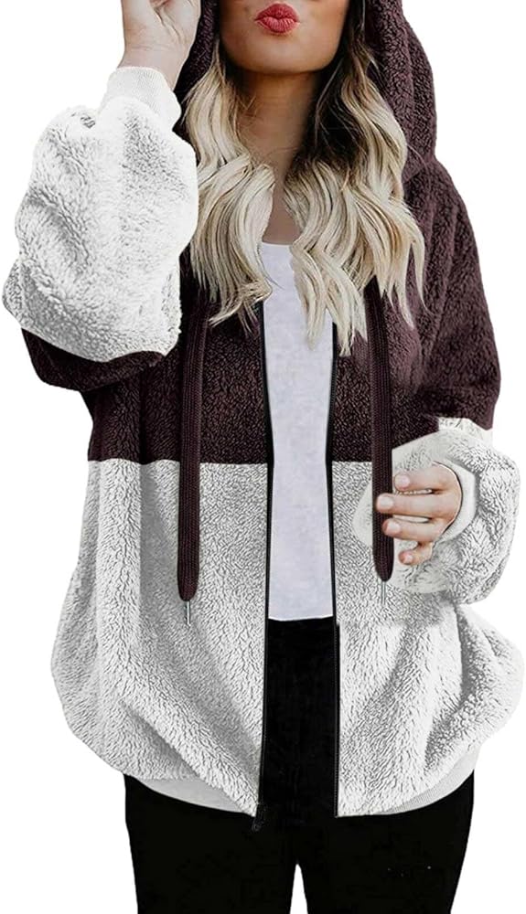 ECKHARDT Women's Fuzzy Fleece Jacket Oversized Sherpa Fur Coat Warm Plush Fleece Zipper Casual Coat Top Shaggy Coats