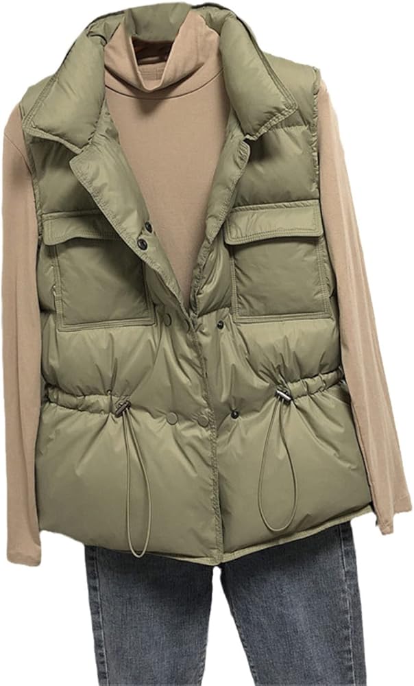 Women's Jacket Vest White Duck Down Warm Coat Pocket Drawstring Stand-Up Collar Outwear Slim Winter Fashion Tops