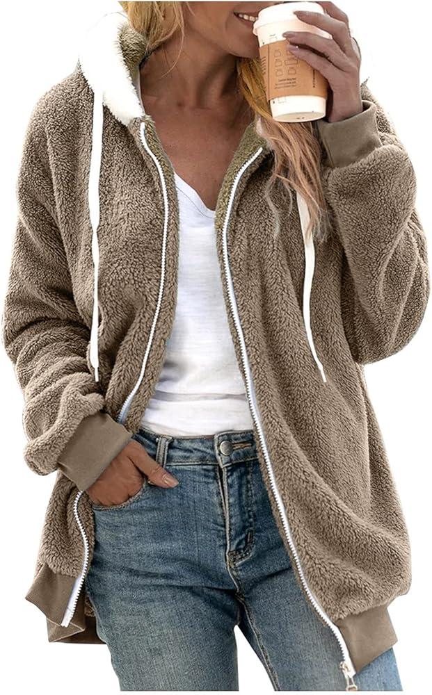 Womens Winter Jacket Coats Solid Color Artificial Wool Zipper Drawstring Long-Sleeved Thermal Sweatshirt Outerwear