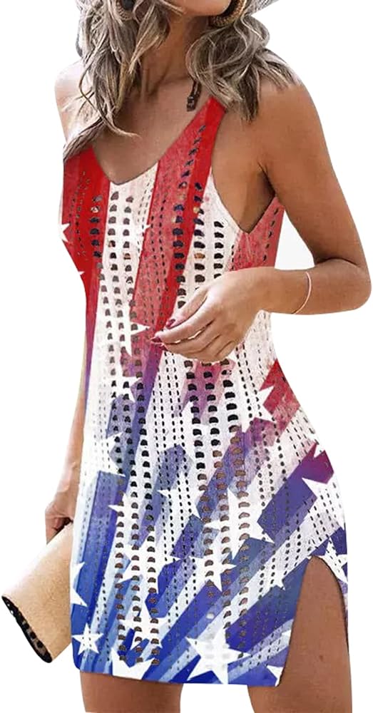 GOWONE Women Hollow Out Slit Crochet Cover Up Sleeveless 4th of July Patriotic Swimwear Beach Dresses