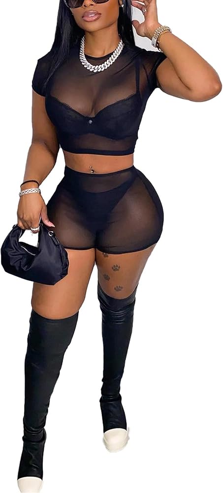 Mintsnow Women's See Through 2 Piece Short Outfit Sheer Mesh Short Sleeve Top and Bodycon Club Party Shorts Sets