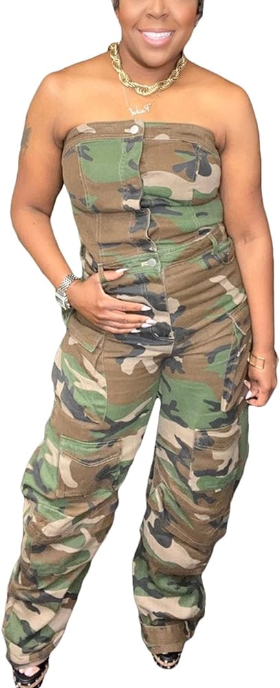 LETSVDO Womens Casual Camo Jumpsuit Cargo Strapless Army Fatigue Sleeveless Wide Leg Baggy Bib Rompers Overalls Outfits