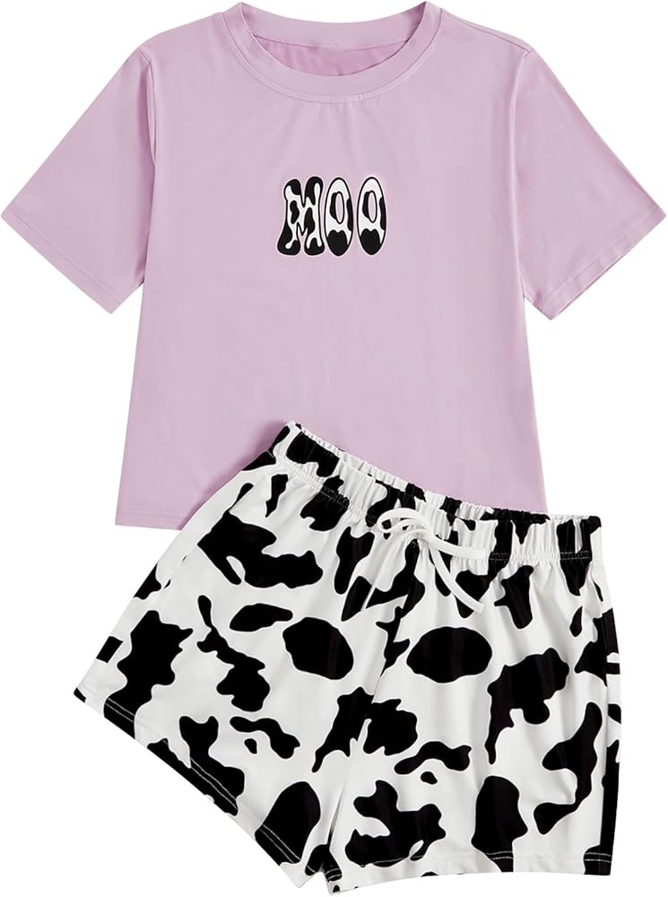 WDIRARA Women's Cartoon Cow Print Short Sleeve Tee and Shorts Pajama Set