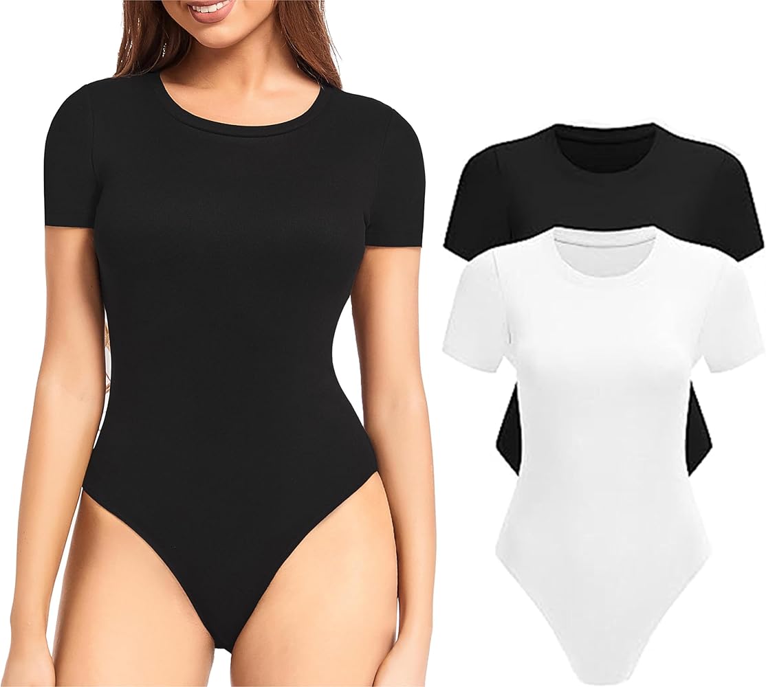 Women 2 Piece Bodysuits Round Neck Short Sleeve Basic T Shirt Top Crew Neck JS1001