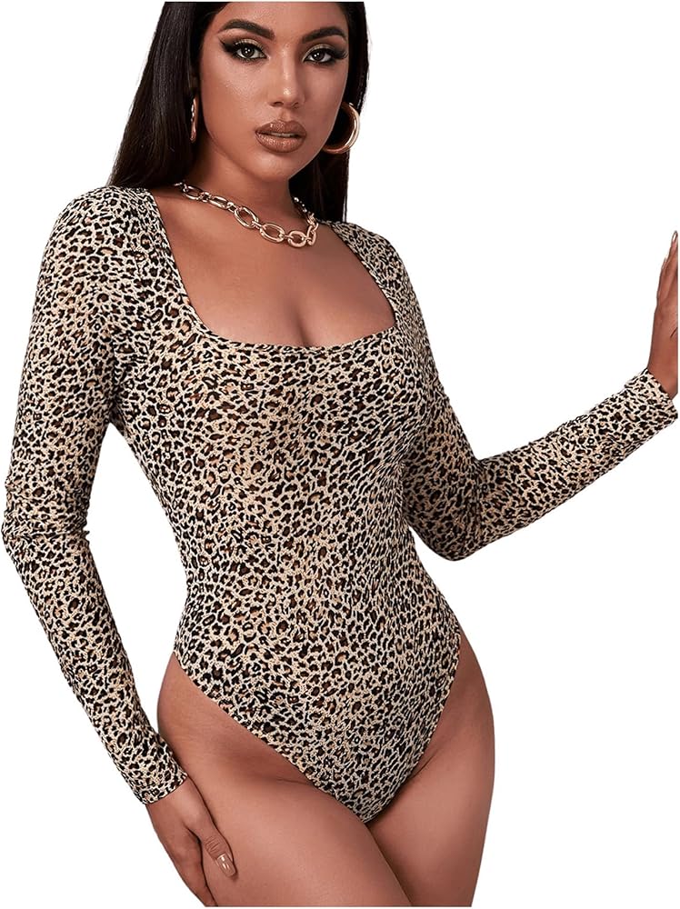 Women's Leopard Print Scoop Neck Tee Bodysuit Long Sleeve Slim Fit Casual Leotard Tops T Shirts