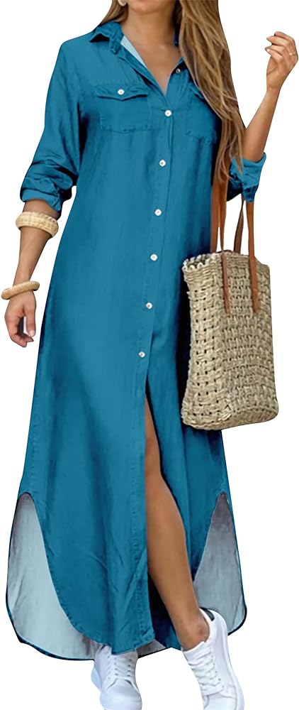 OMZIN Women Beach Loose Shift Shirt Dress Casual Loose Maxi Dresses Elegant Party Cocktail Dress