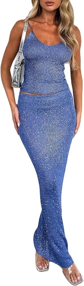 Women Sexy 2 Piece Outfits Glitter Knit Crop Cami Top Bodycon Maxi Skirt Sparkly Party Long Skirt Sets