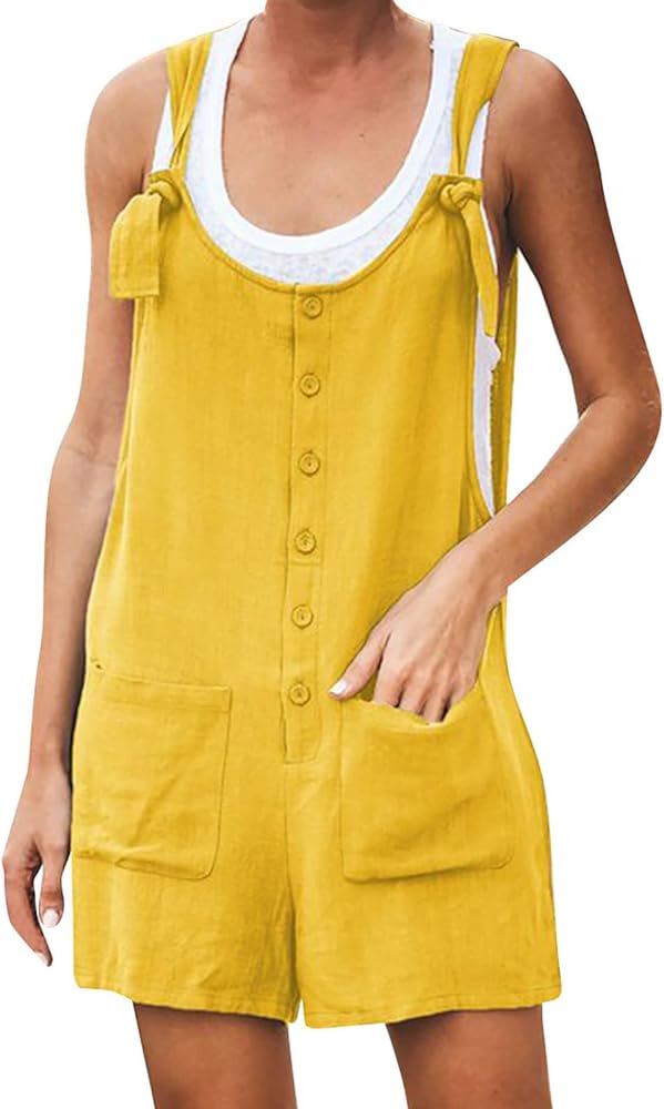 Women's Summer Button Up Comfy Rompers Casual Suspender Shorts Jumpsuit Strap Pants with Pockets Bib Overalls