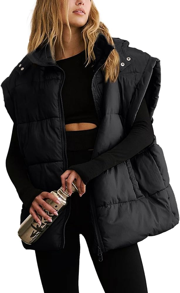 Women's Quilted Puffer Vest Lightweight Sleeveless Stand Collar Jackets Warm Puffy Padded Gilet(Black,XXL)