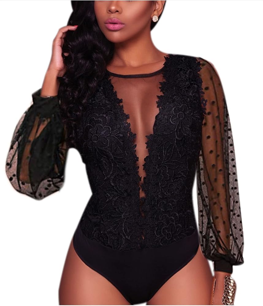 RARITYUS Women Sexy Lace Bodysuit Jumpsuit See Through Mesh Sleeveless/Long Sleeve Tops for Party Outfit