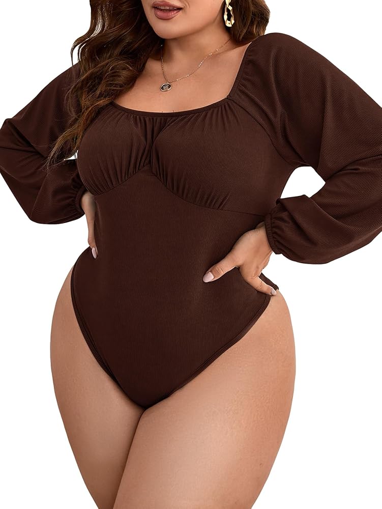 SOLY HUX Women's Plus Size Bodysuit Square Neck Bishop Long Sleeve Ruched Bodysuit T Shirt Tops