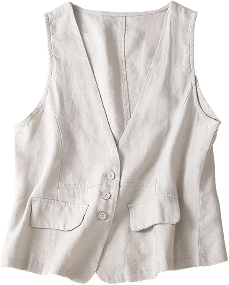 IDEALSANXUN Womens Sleeveless Cotton Linen Vest Casual Summer Vest V Neck Cardigan Jacket Waistcoat