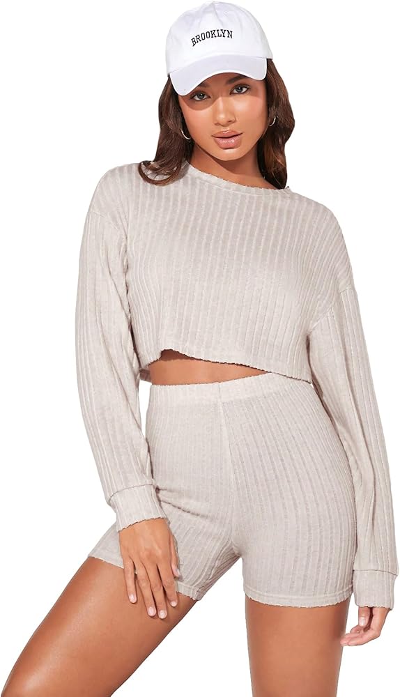 WDIRARA Women's 2 Piece Ribbed Knit Outfit Textured Long Sleeve Drop Shoulder Tee and Biker Shorts Set