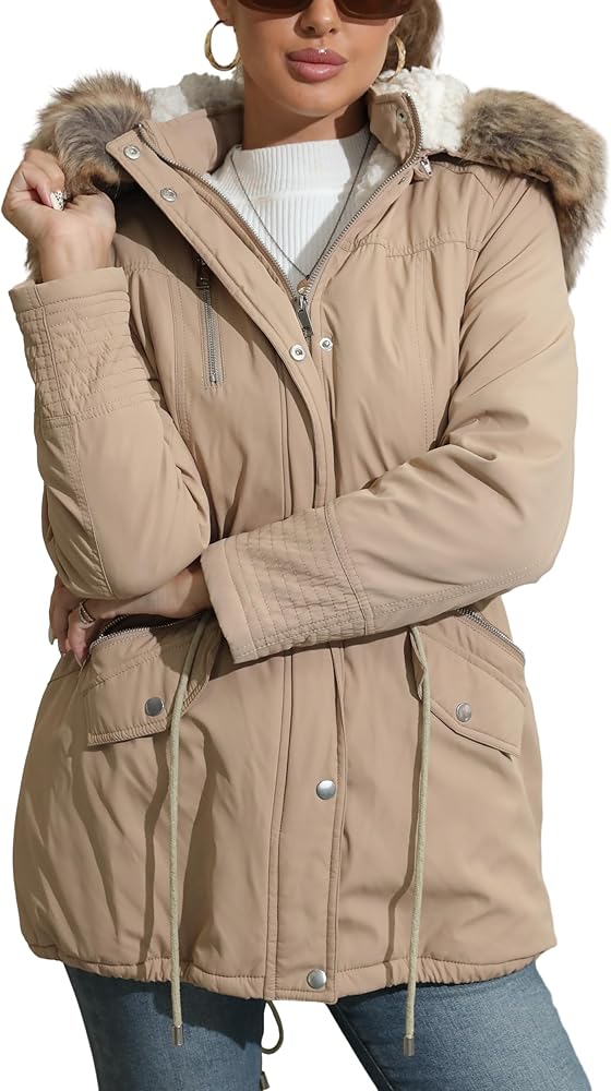 Bellivera Women Twill Parka Jacket, Winter Fashion Warm Long Hood Coat with Faux Fur Collar