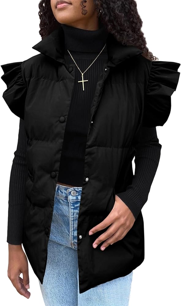 Omoone Puffer Vest Women Ruffle Sleeve Button Down Padded Quilted Puffy Jacket Coat Outwear(Black-L)