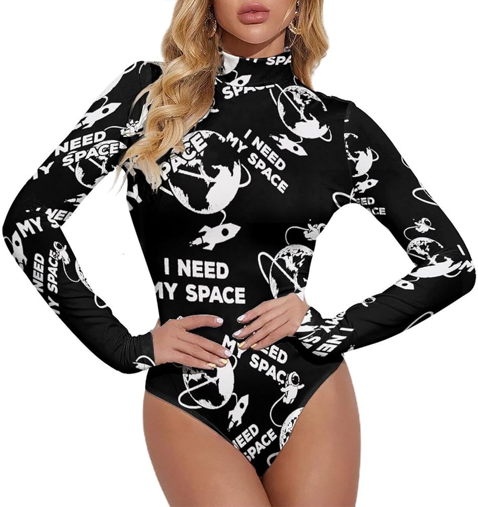 I Need My Space Women's Bodysuit Tops Turtle Neck Long Sleeve Jumpsuit Print T Shirt