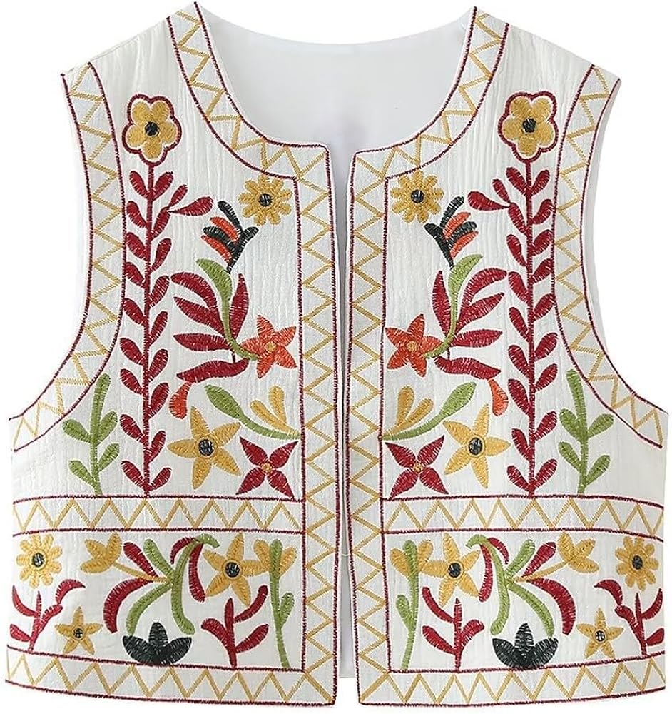 Women's Funny Embroidery Floral Vest Cowgirl Vintage Sleeveless Cropped Jackets Boho Flower Open Front Waistcoats