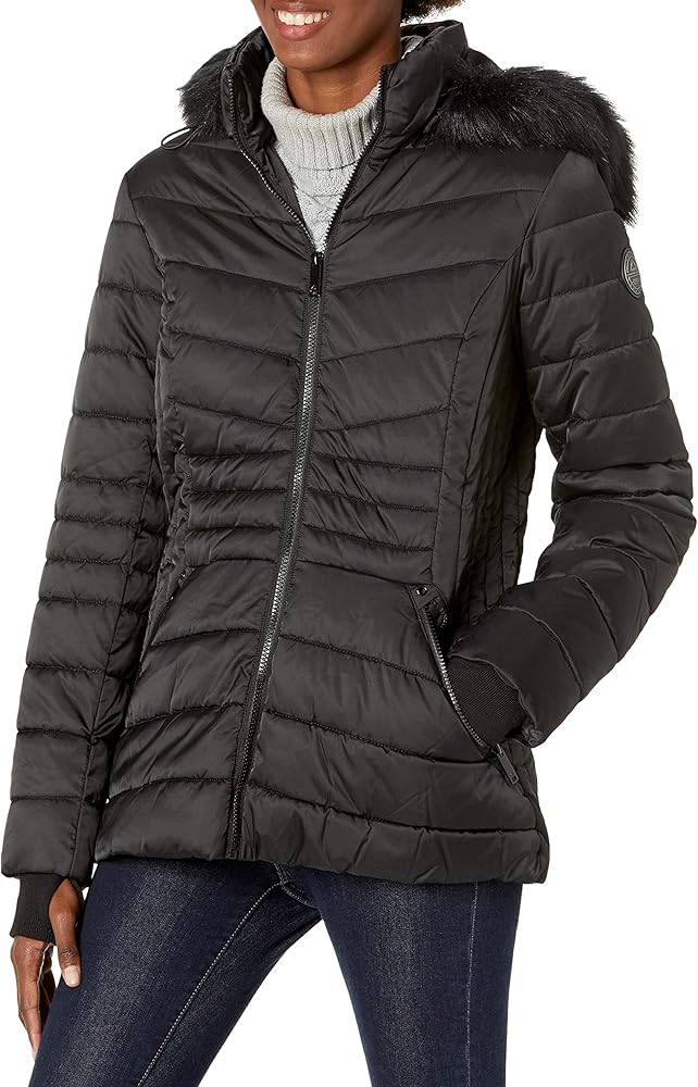 Women's Short Puffer Jacket with Faux Fur Trimmed Hood and Cinched Waist, Water Resistant