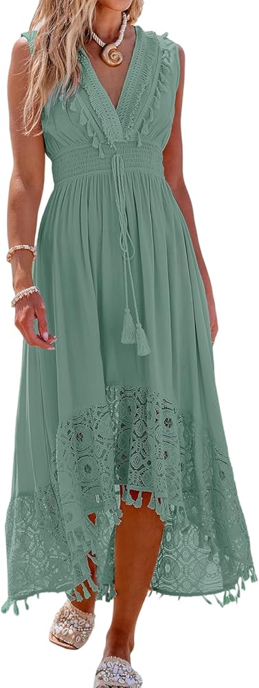 CUPSHE Women's Maxi Dress V Neck Sleeveless Lace Tassel Smocked Waist Cover Up Beach Formal Long Dress