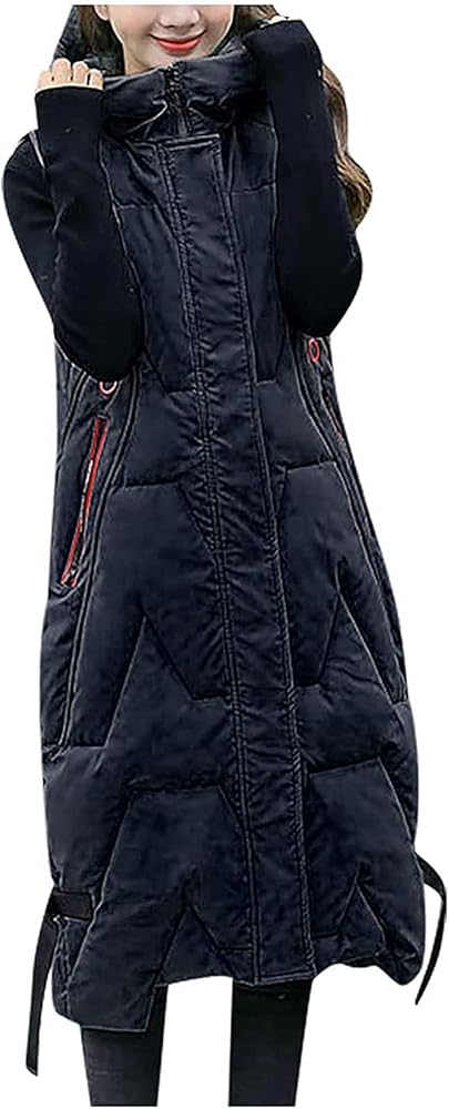 Womens Long Puffer Vest Xxl Winter Zip Up Pockets Solid Warm Waistcoat Jacket Casual Down Cotton Overcoat Tops