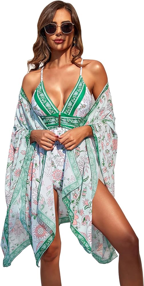 One Piece Swimsuit with Kimono Cover Ups Floral Sexy Bathing Suit Beach Kaftan Tummy Control High Cut Bikini Set