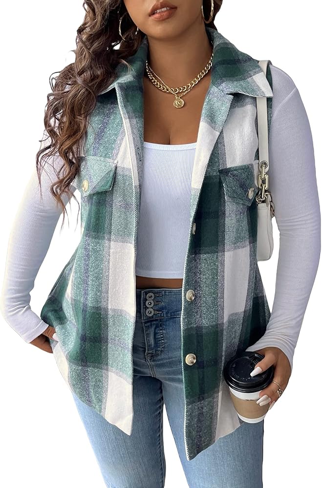 MakeMeChic Women's Plus Size Plaid Vest Coat Button Down Sleeveless Coat Jacket Outerwear