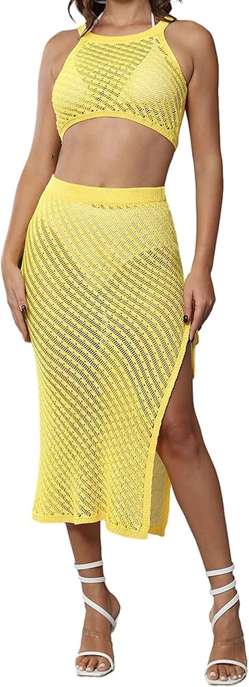 Women 2 Piece Swimsuit Cover ups Crochet Hollow Out Swim Cover Up Bikini Swimwear Knit Mesh Tunic Beach Set Dress 2024