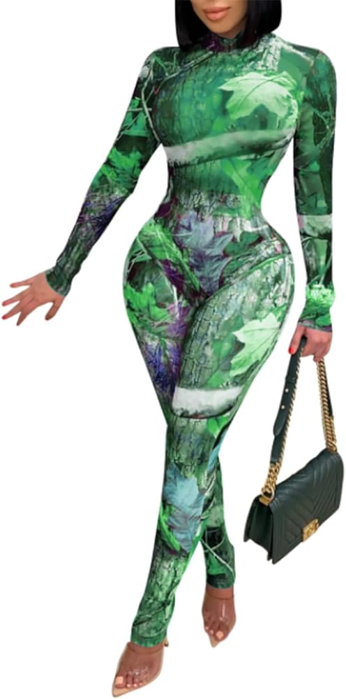 Ekaliy Women's Bodycon Jumpsuit See Through Mesh Money Print Bodysuit Long Sleeve Turtle Neck Romper Clubwear