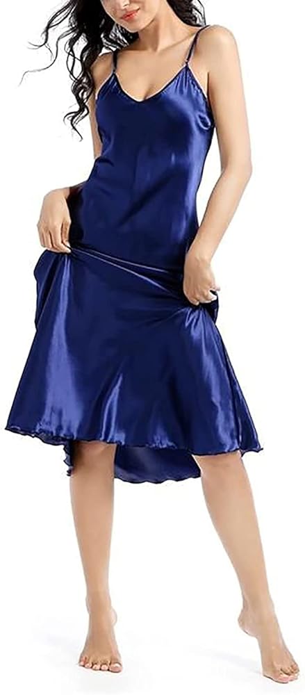 Womens Satin Nightgown Long Slip Sleep Dress Silk V Neck Nightgowns