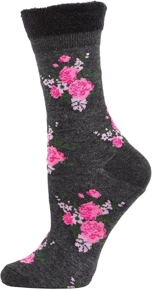 MeMoi Women's Rosie Chenille Cuff Embroidered Flower Crew Socks