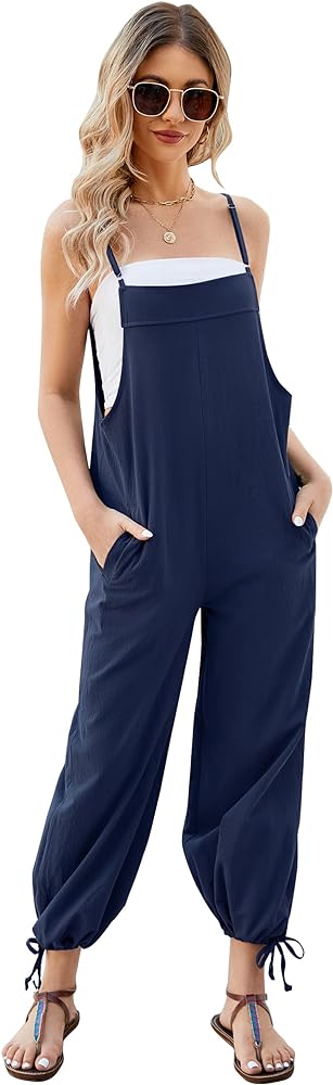 Kissonic Women's Cotton Linen Overalls Summer Loose Fit Adjustable Spaghetti Strap Jumpsuits with Pockets(NavyBlue-S)