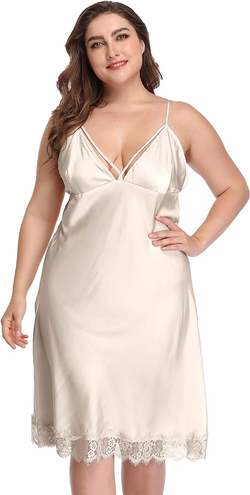 Womens Plus Size Sexy Lingerie Satin Lace Chemise Spaghetti Straps Nightgown Full Slips V Neck Sleepwear Nightgown