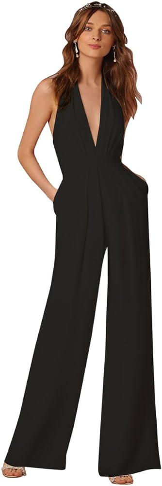 IWEMEK Women Sexy Deep V Neck Halter Wide Leg Jumpsuit Sleeveless High Waist Loose Long Romper Pants Overalls with Pockets