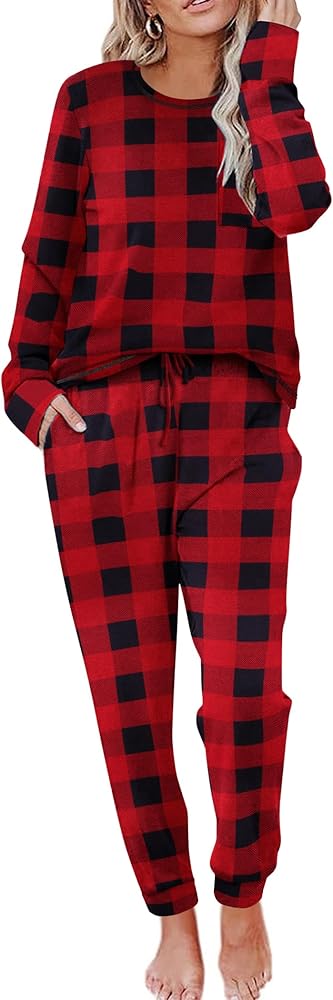 Ekouaer Pajamas Women's Long Sleeve Sleepwear Soft 2 Piece Loungewear Pj Set with Jogger Pants XS-3XL