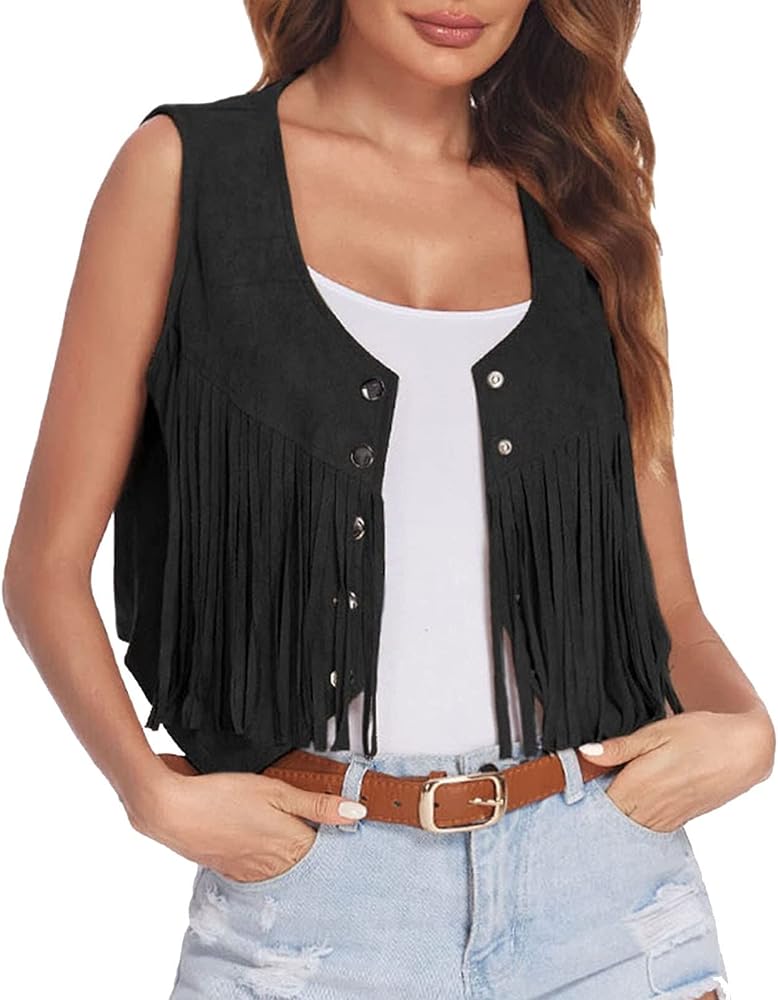 Cowgirl Vest Tassel Vest for Women Dressy V Neck Button Down Blazer Jacket Waistcoat