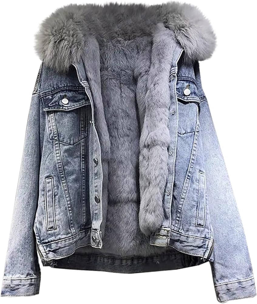 Women's Winter Denim Jackets Faux Fur Lined Warm Coats Sherpa Fur Fleece Lined Thicken Denim Jean Trucker Jacket Coat