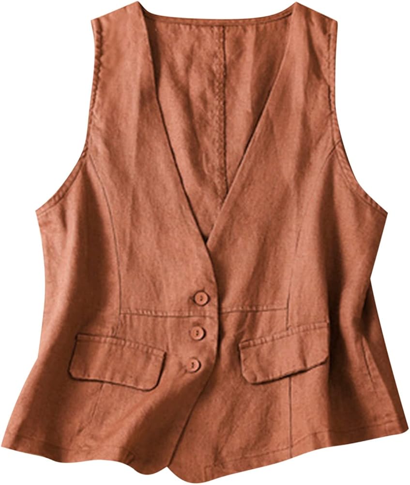 Women Casual Waistcoat Lightweight Sleeveless Button Vest Tops Trendy Plain Cardigan Gilet Jacket with Pockets