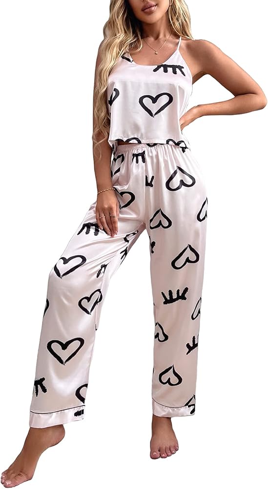 WDIRARA Women's Sleepwear Heart Print Cami Top and Pants Set 2 Piece Satin Pajama Sets