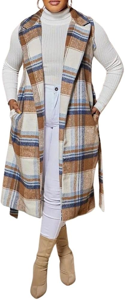 chouyatou Women's Open Front Plaid Long Wool Vest Notched Lapel Sleeveless Wool Blend Trench Pea Coat with Belt