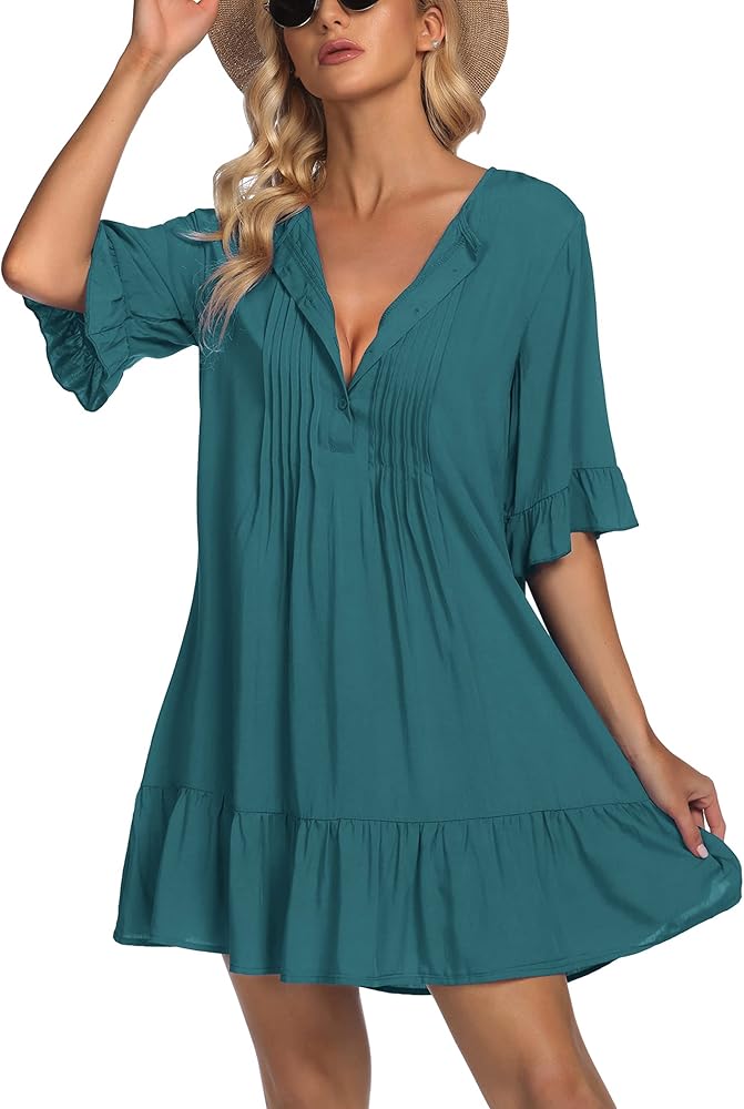 AI'MAGE Women Cover Ups Shirt Button Down Bathing Suit Cover Up Dress Ruffle Beachwear S-3XL