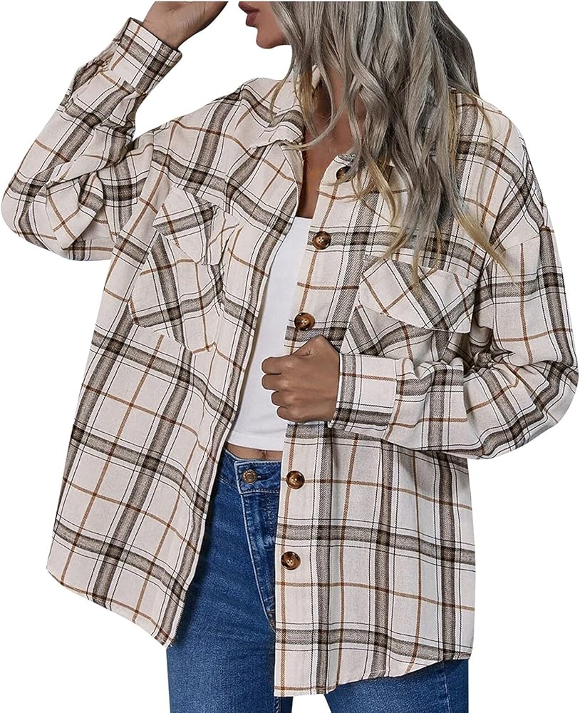 SMIDOW Women's Casual Plaid Flannel Shacket Jacket Boyfriend Button Down Shacket Plaid Shirt Thin Coat Outerwear