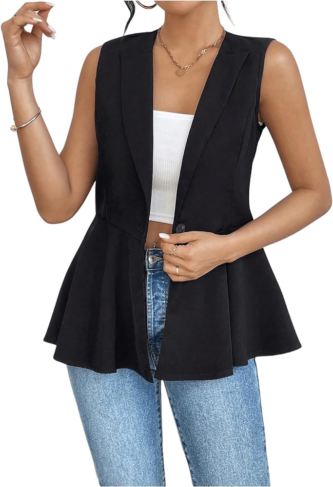 SweatyRocks Women's Lapel Neck Ruffle Hem Vest Jacket Button Front Sleeveless Office Blazers