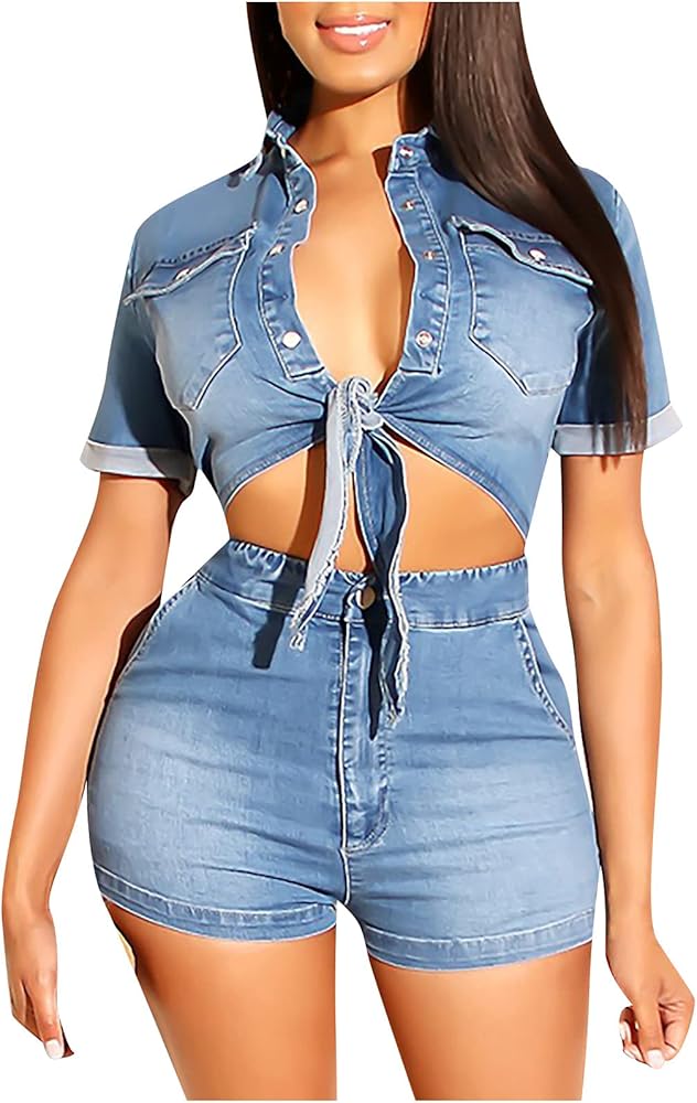 Womens 2 Piece Denim Outfits Casual Short Sleeve Buttons Tie Front Crop Top Jean Shorts Set Clubwear